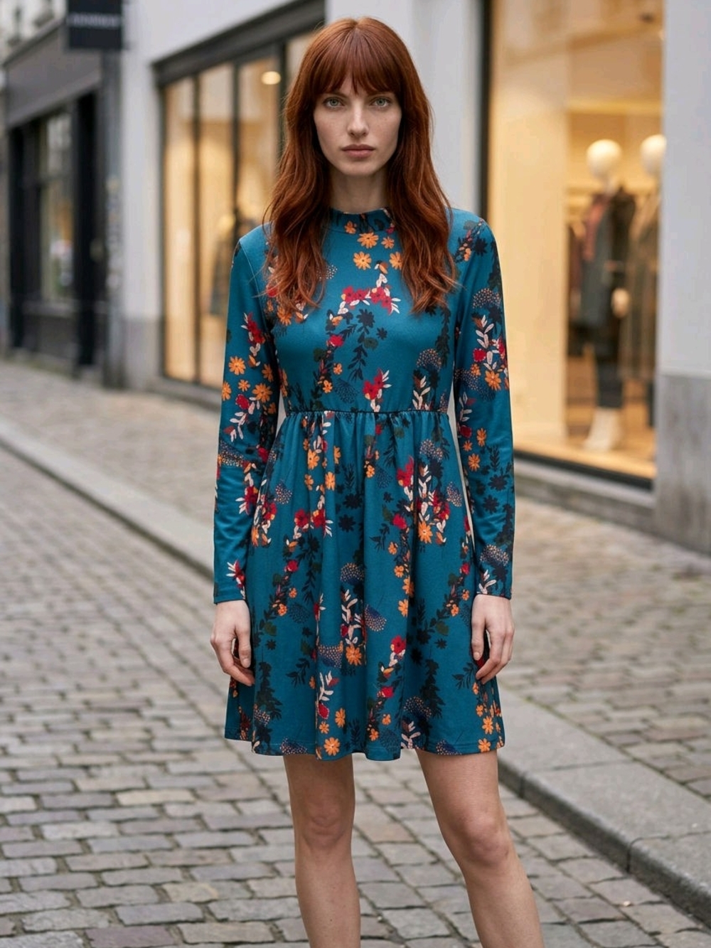 Teal Floral Long-Sleeve Fit & Flare Dress